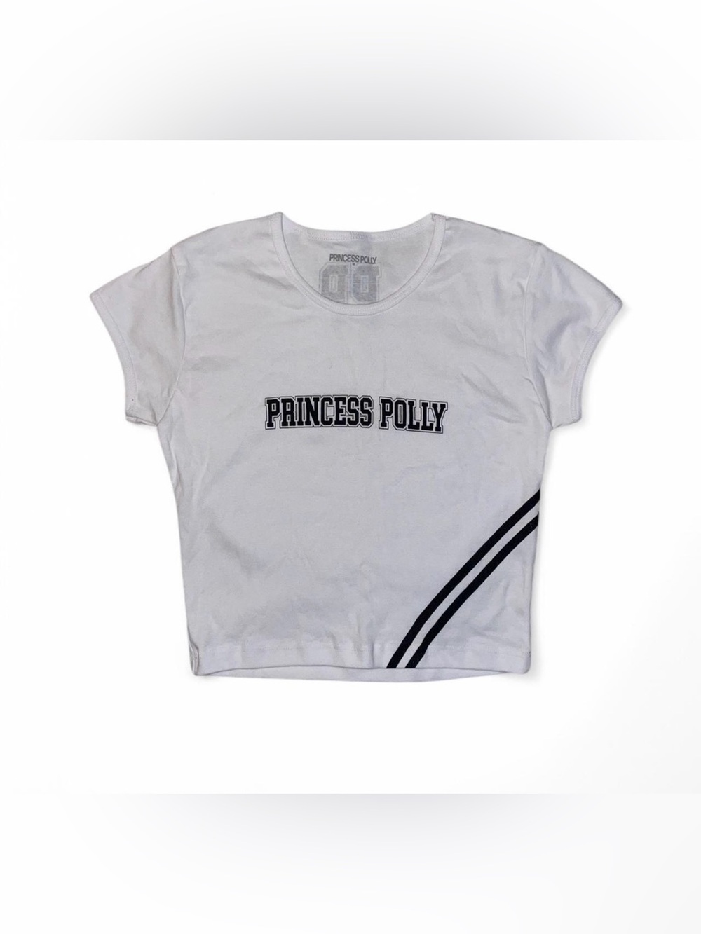 Princess Polly sporty white and black crop top baby tee in size Medium